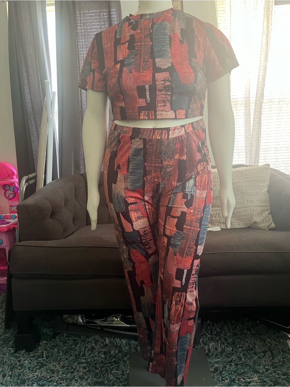 Shein Curvy Abstract Print Two-Piece Crop Top & Wide-Leg Pants - Red Multi